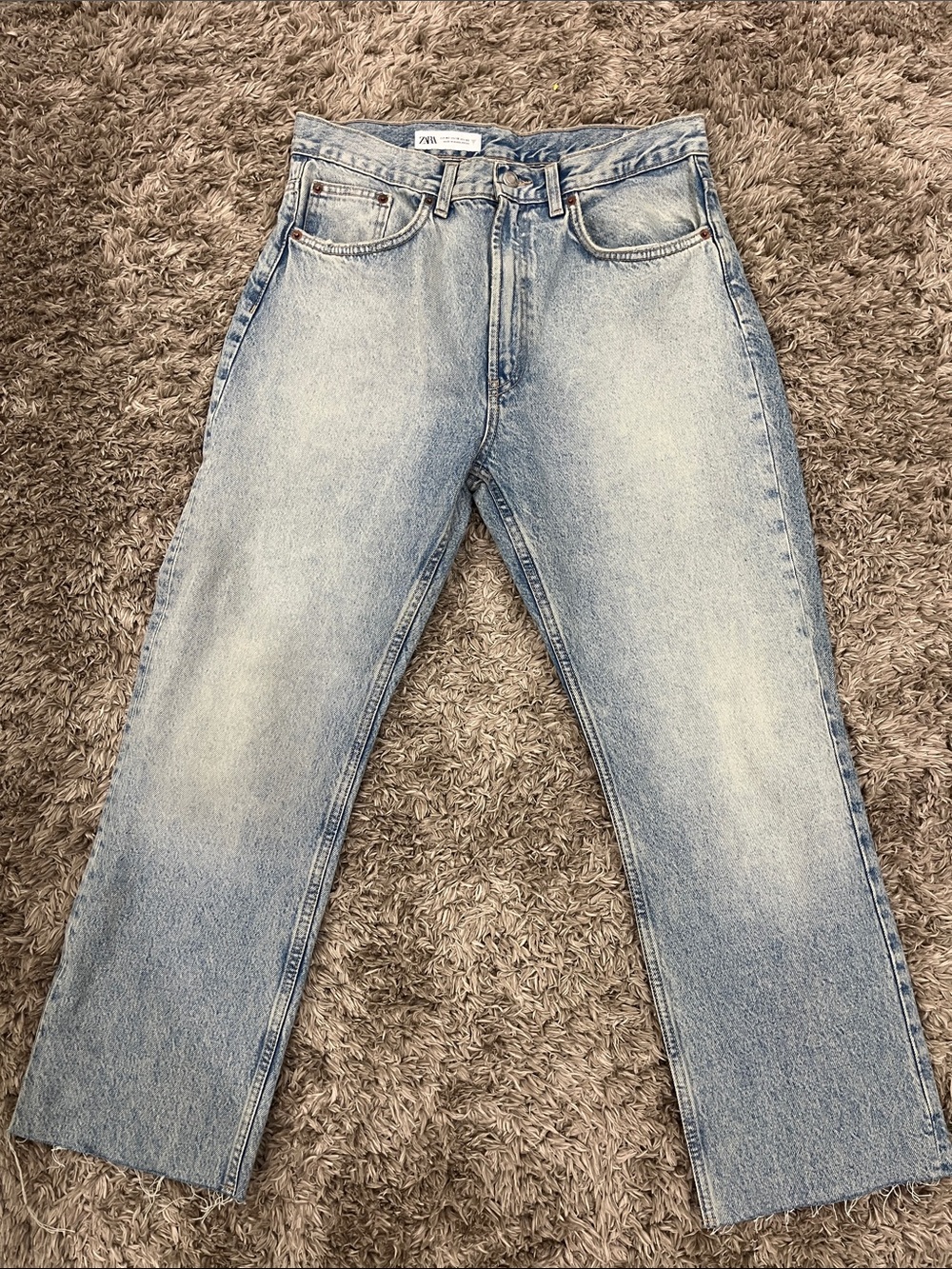 Zara Light Wash Women's Cropped Straight Jeans - Pale Blue